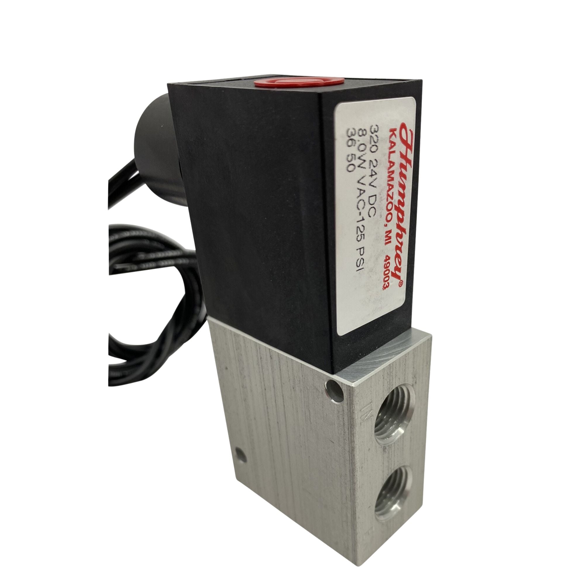Rectangle with Black plastic top one threaded port on the same face on the aluminum bottom housing.
