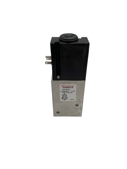 Rectangle with Black plastic top showing three prongs coming out of a face (2 vertical 1 horizontal) 2 threaded port on the same face on the aluminum bottom housing.