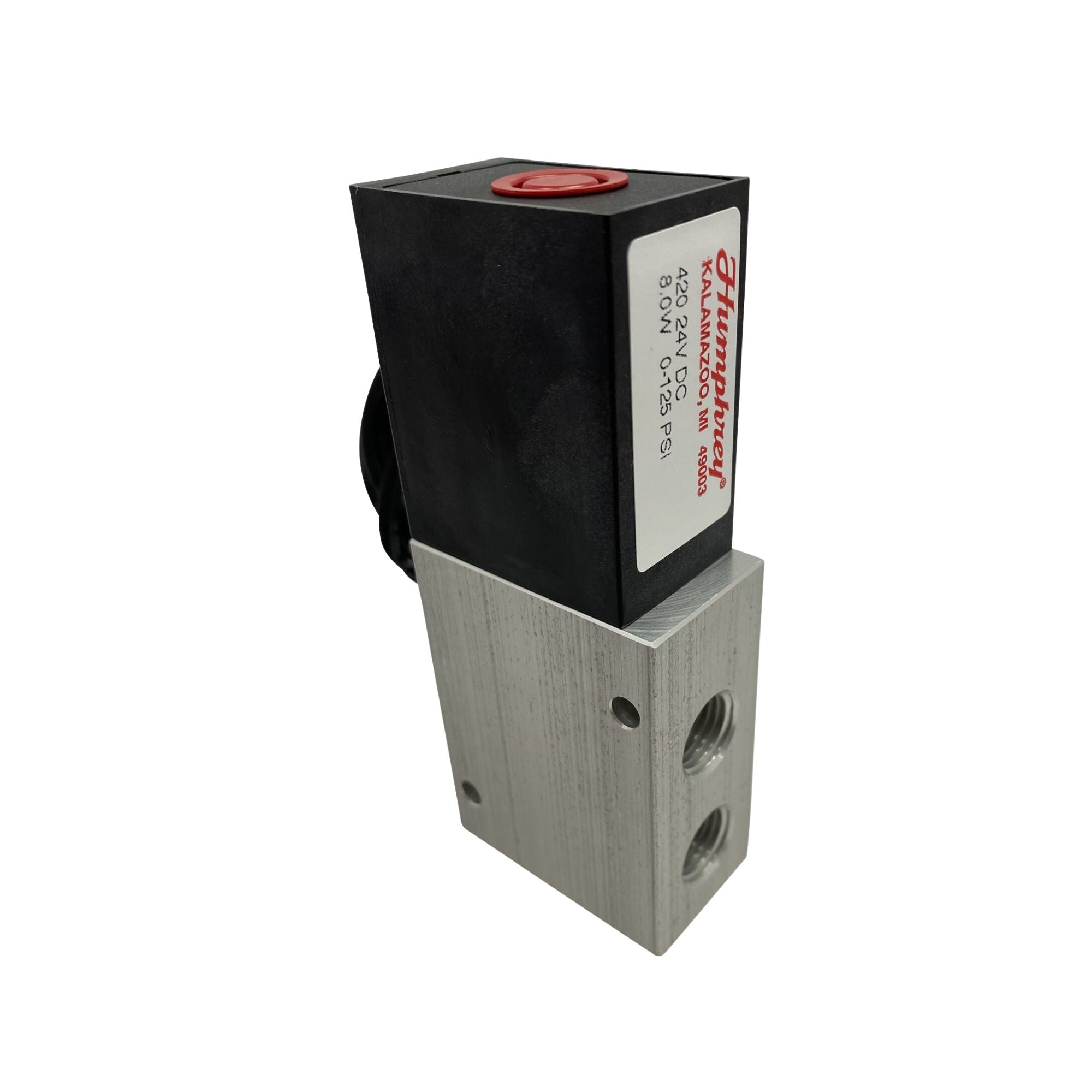 Rectangle with Black plastic top two threaded port on the same face on the aluminum bottom housing.