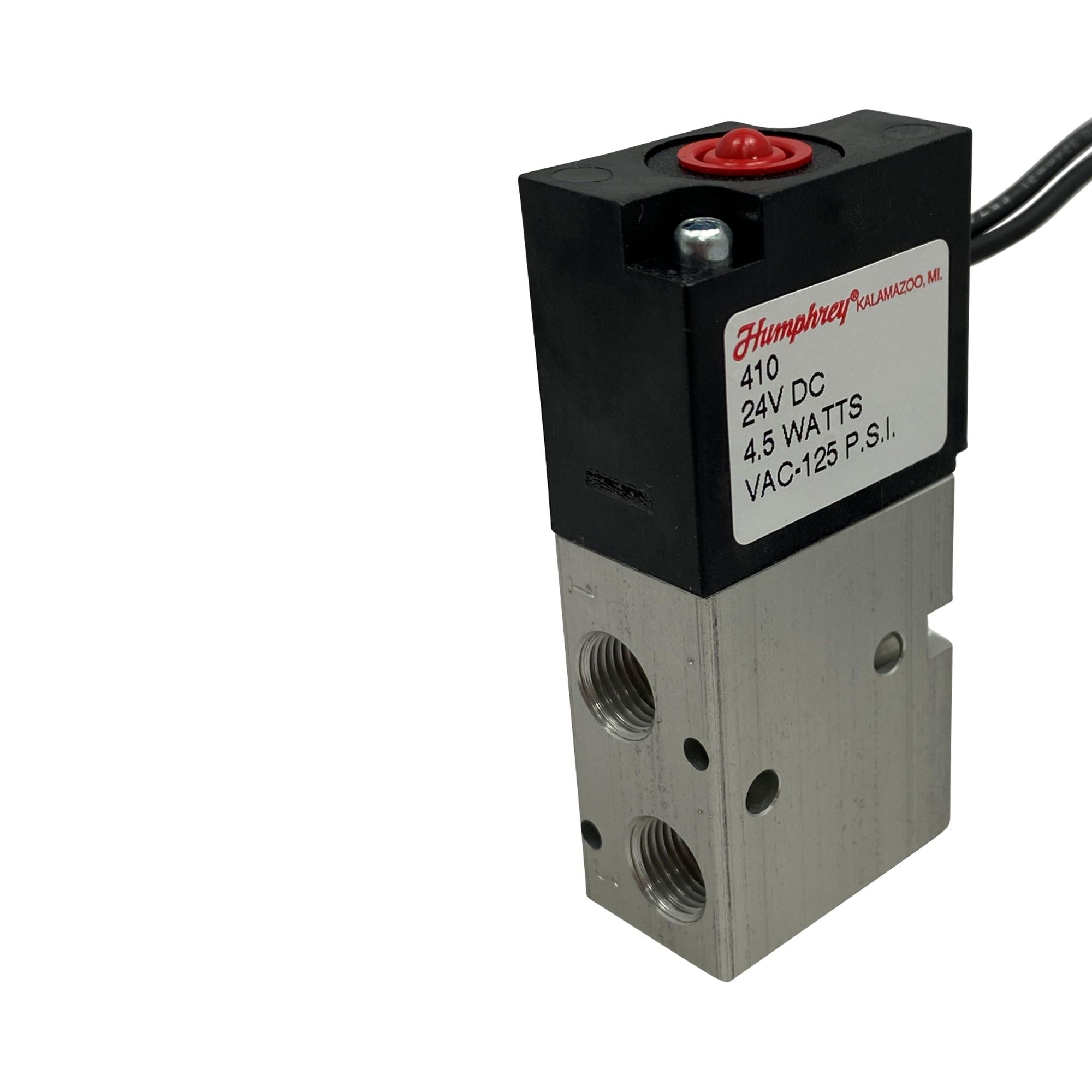 Rectangle with Black plastic top, two threaded port on the same face on the aluminum bottom housing.