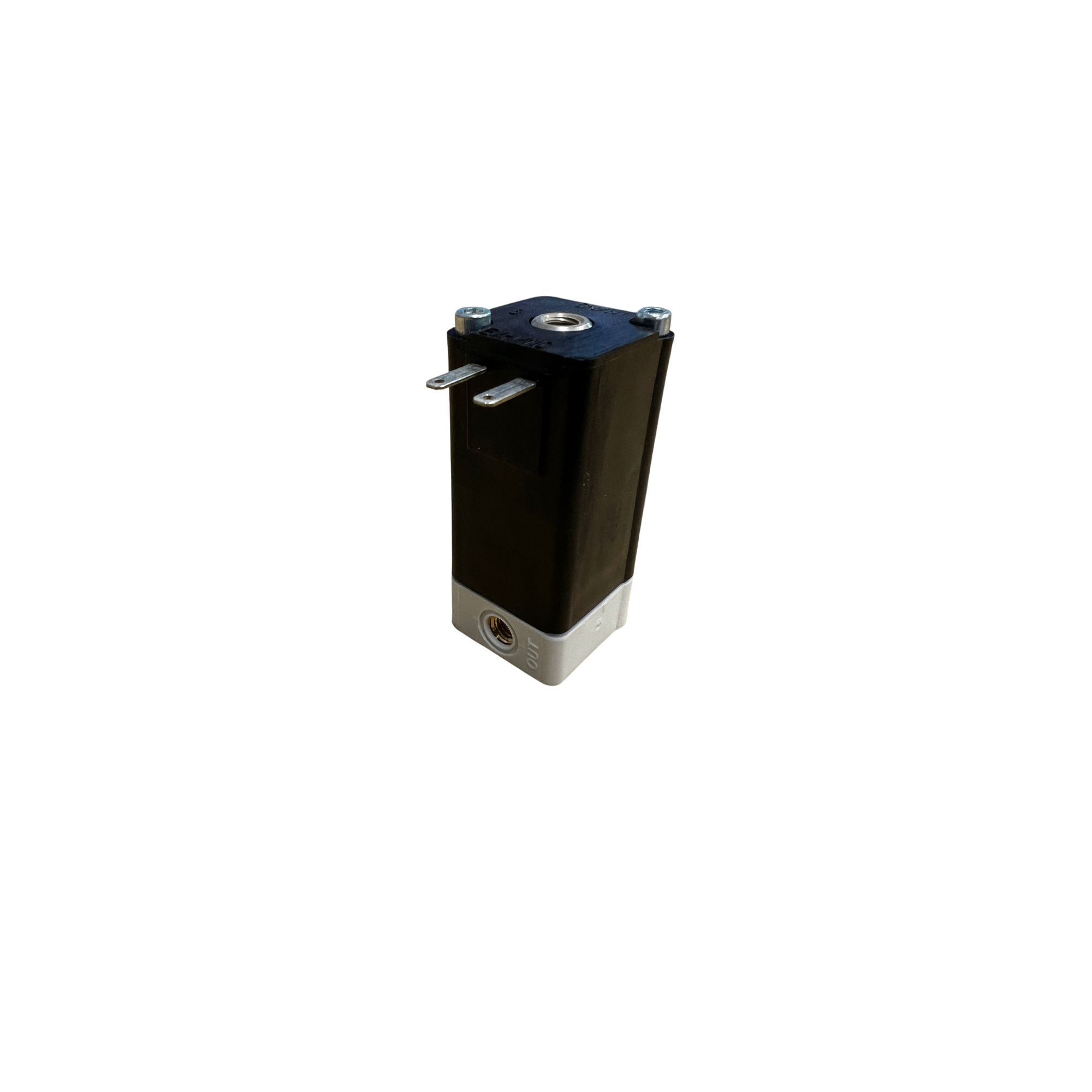 side view of an upright rectangular block with a bottom aluminum portion with a port on the left and a black top portion with two metal prongs at the top left