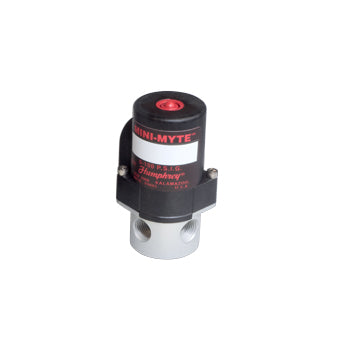 side view of a cylindrical shaped valve with an aluminum piece at the bottom with two ports, and a black piece at the top with red writing