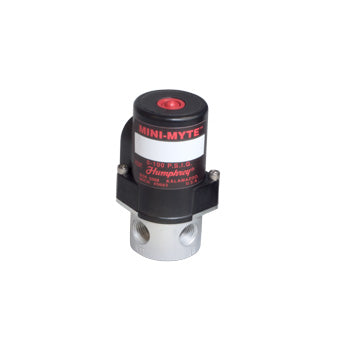 side view of a cylindrical shaped valve with an aluminum bottom that has two ports and a black top piece with red writing and logo
