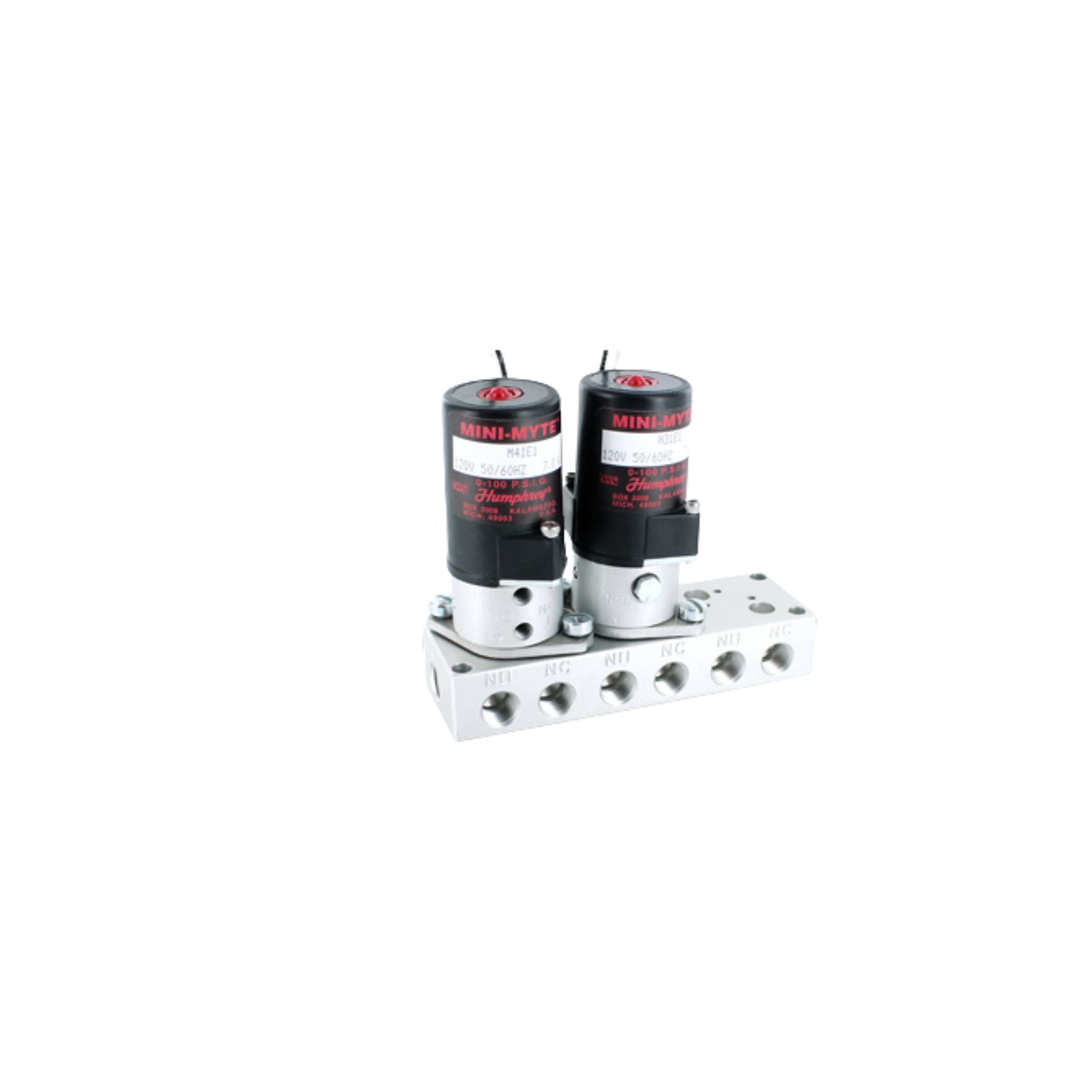 front view picture of two cylindrical valve units attached to a rectangular block that has six ports along the front side