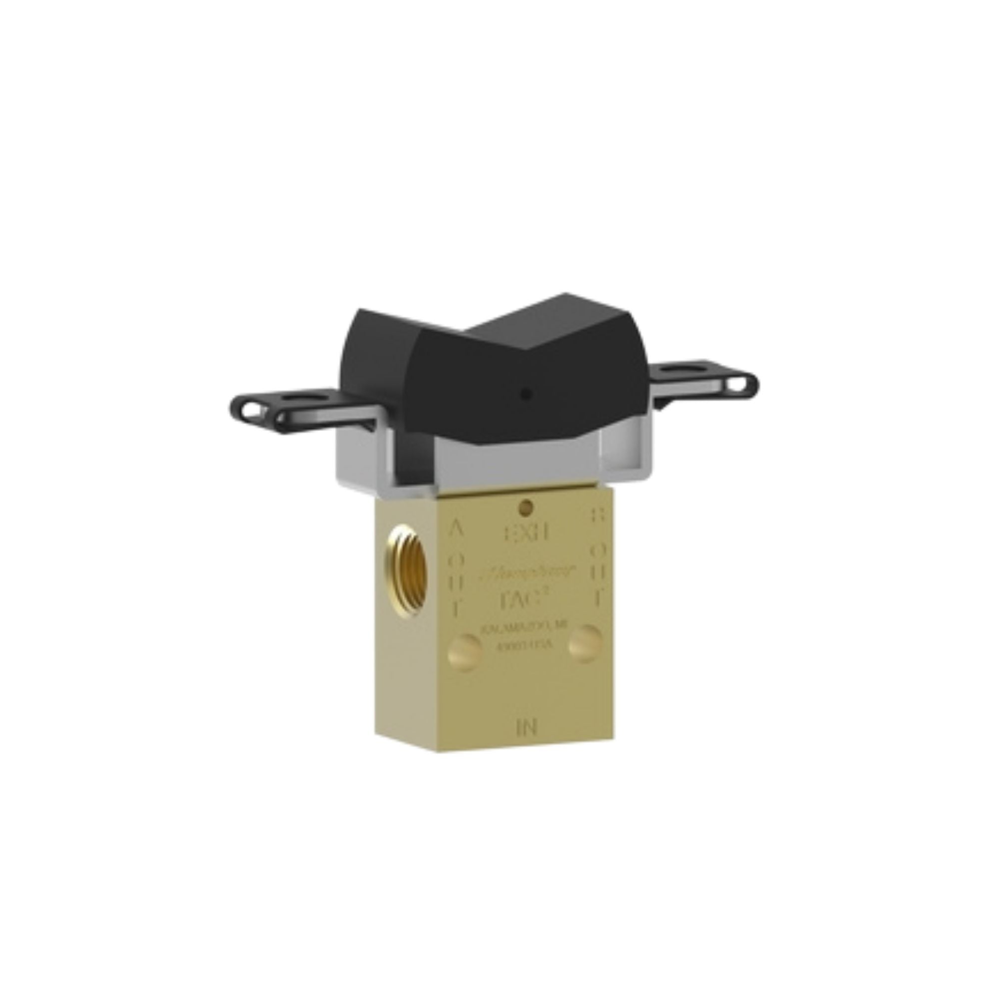 brass rectangular valve with one port on the left, and a black rocking switch on top of it