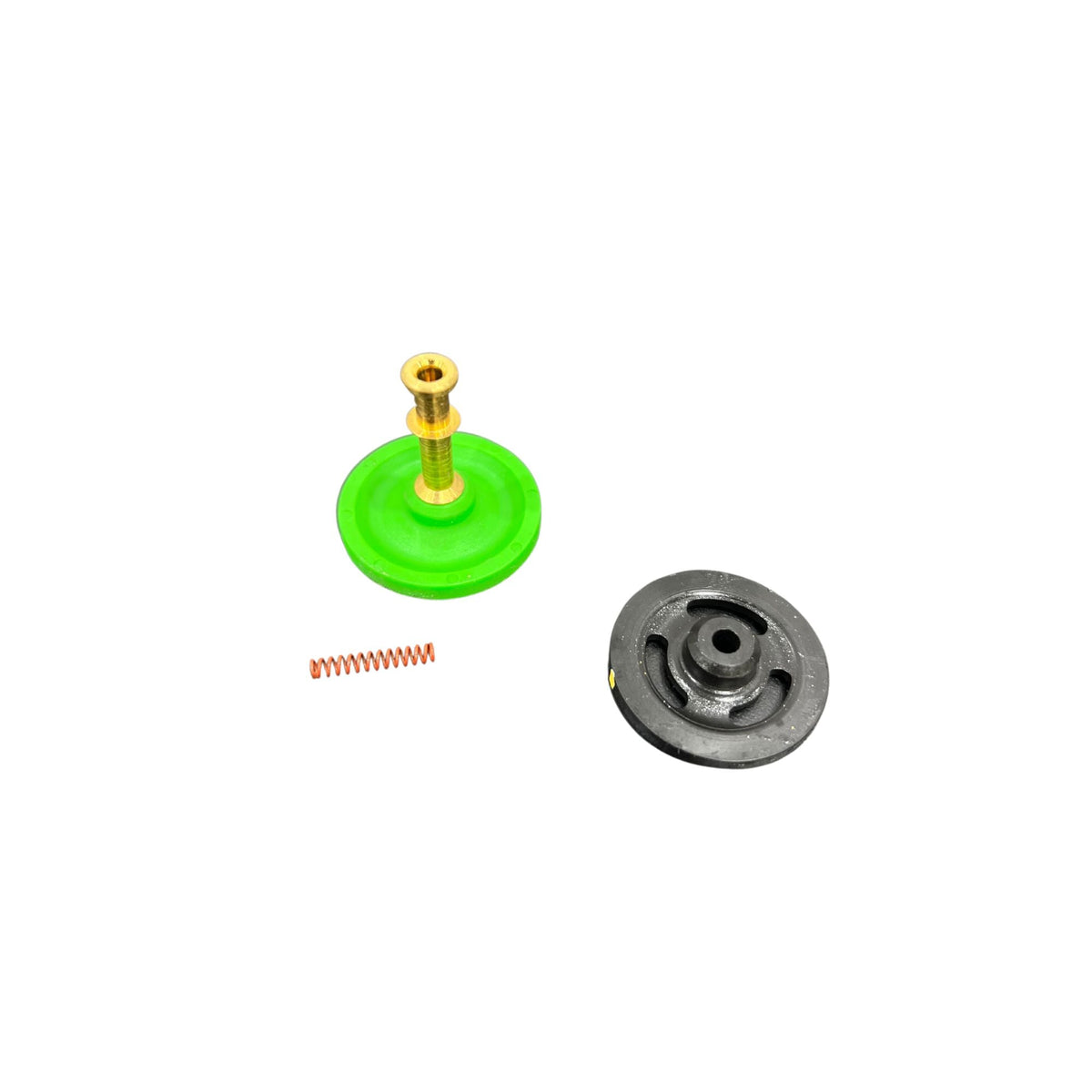lime green rubber base with metal stem, black rubber washer and small spring.