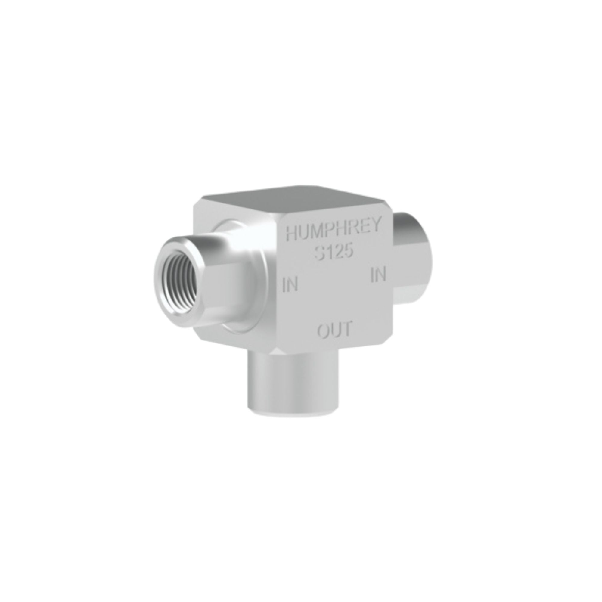 square metal valve unit with circular ports on the left, right, and bottom