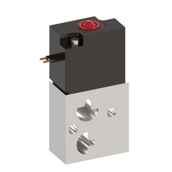 side view of upright rectangular valve, aluminum base with two ports, black material on the top with two lead wires for electrical entry