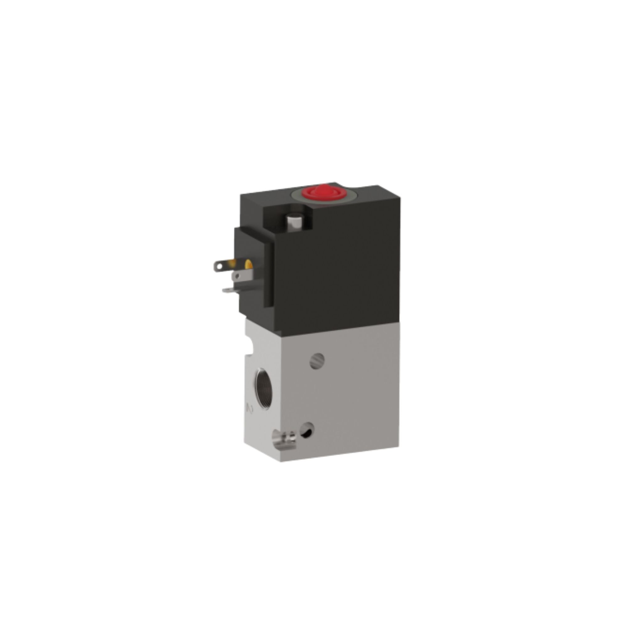 side view of an uprigtht rectangular valve with a port on the bottom left side and an electrical plug on the top left side
