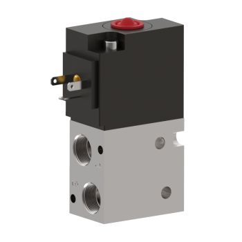 side view of a rectangular valve with an aluminum bottom half with two ports on the left and a black top half with an electrical plug on the left