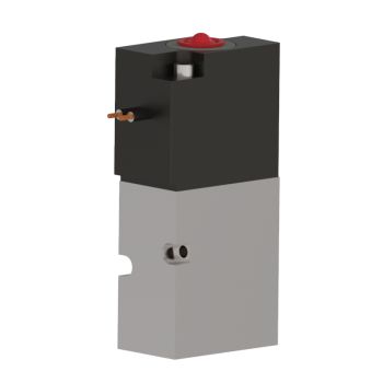 upright, rectangular valve with a metallic bottom half and a black top half, with an electrical connection at the top left
