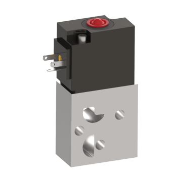 upright, rectangular solenoid valve with aluminum bottom half with multiple ports and a black top half with an electrical plug on the left