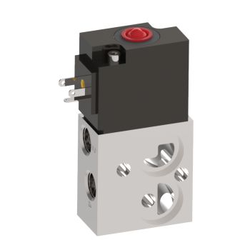 side view of compact upright rectangular valve, aluminum base with two ports on the left. top portion is black material with an electrical plug on the left. 