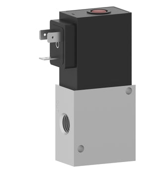 compact upright rectangular solenoid valve with one port on the bottom left side and an electrical plug on the top left