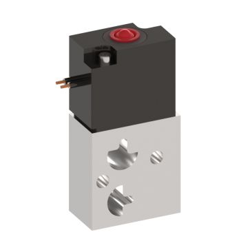 upright rectangular solenoid valve with an aluminum bottom with four holes, black housing on the top, and a output connection on the top left