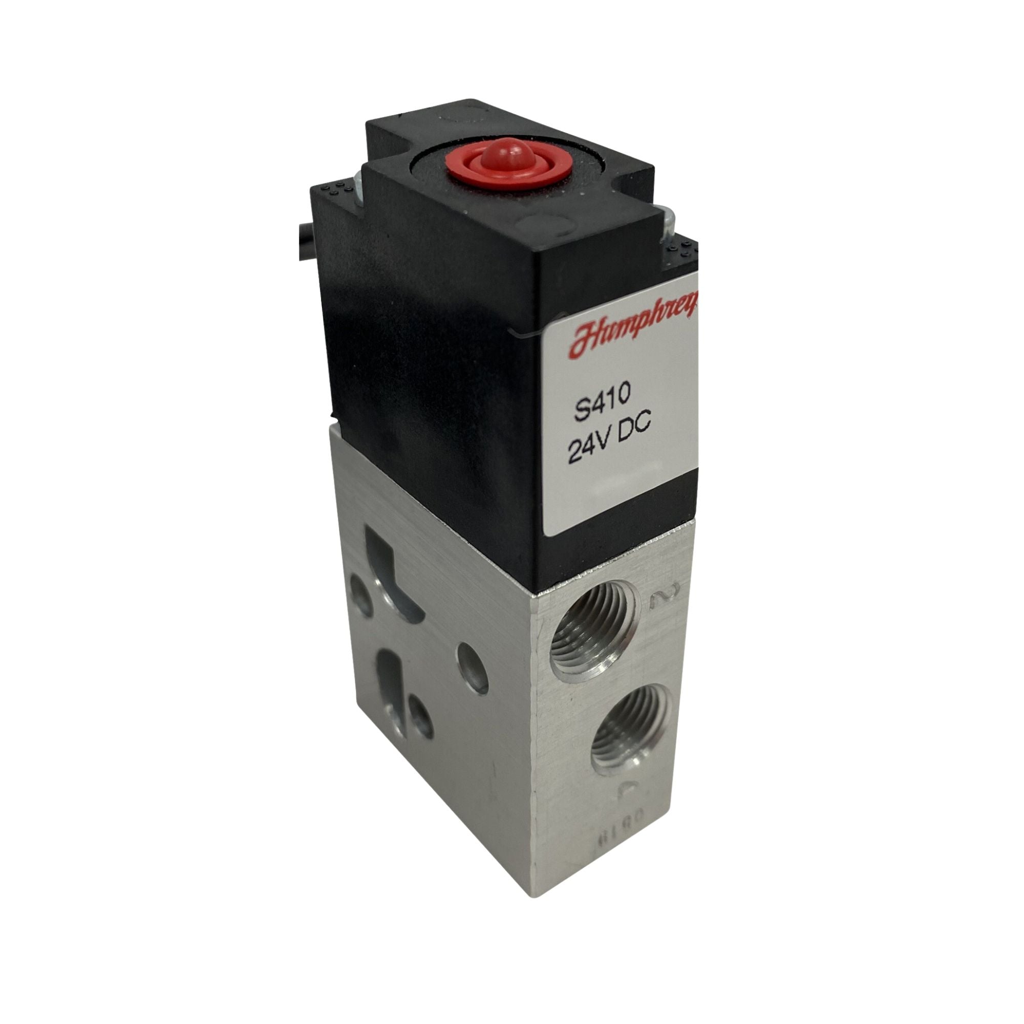 Rectangle with Black plastic top two threaded port on the same face on the aluminum bottom housing.