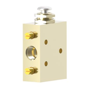cream colored rectangular valve with a port on the left side and a push button on top