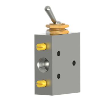 side view of an upright rectangular aluminum valve with a port in the center on the left side, two yellow pegs on the left side, and a toggle switch on the top