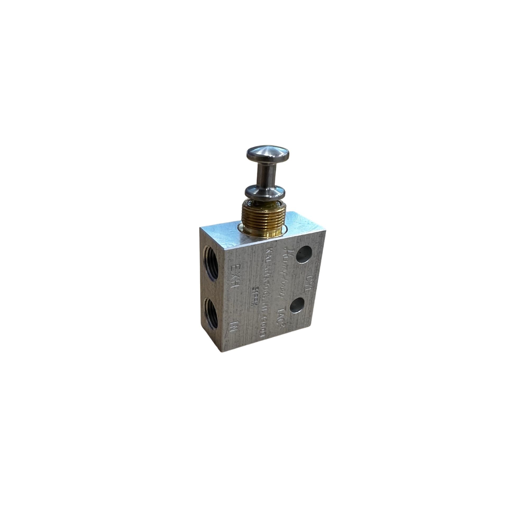 grey, upright rectangular block with a threaded port in the center on the front side, two holes on the right side, and a push-pull valve on the top