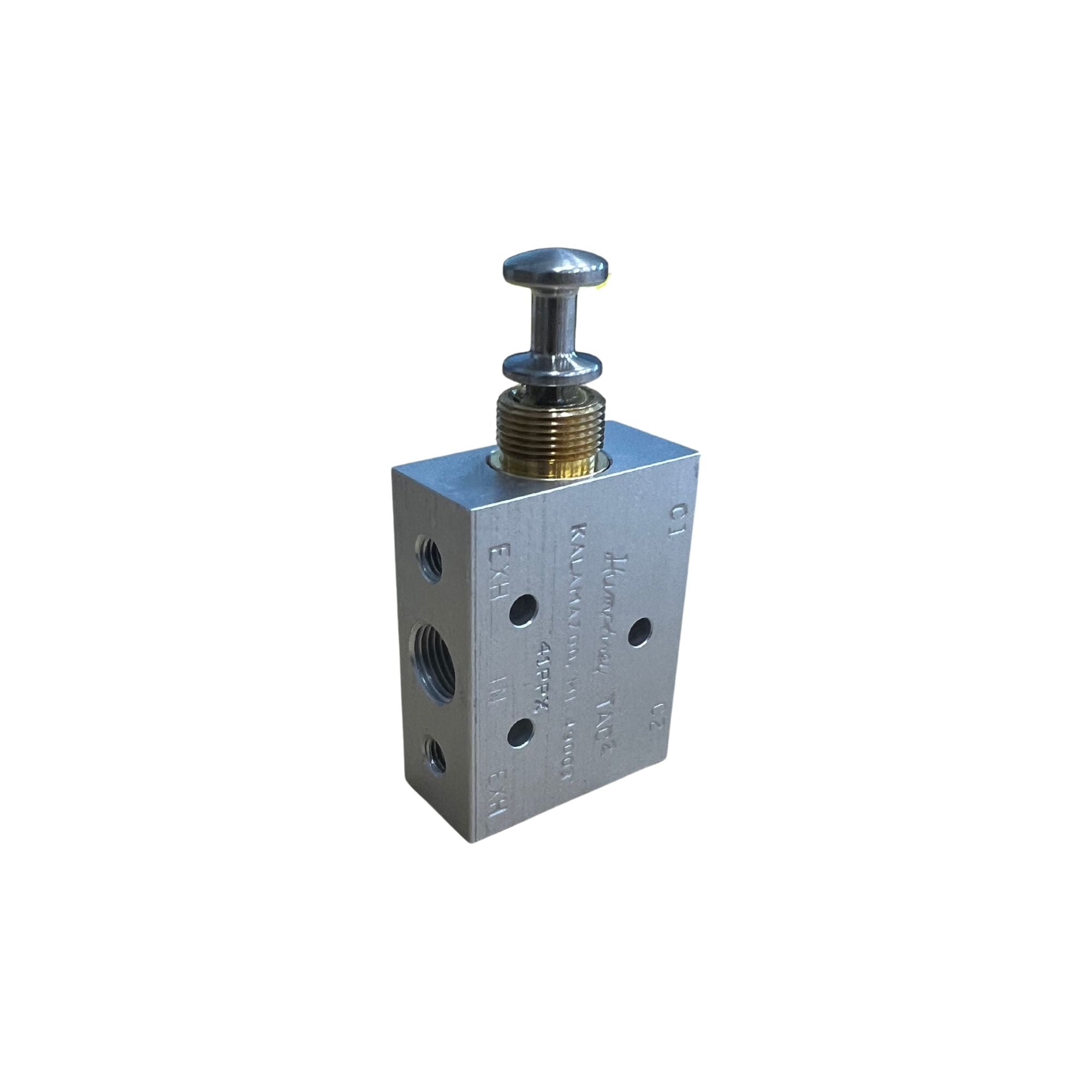 grey, upright, rectangular block with a threaded port and two yellow inserts on the front side, three holes on the right side, and a push-pull valve on the top