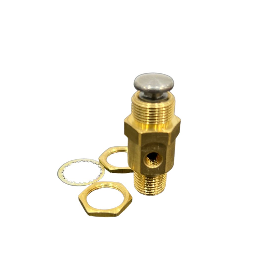 Push button valve with port and threaded ends. Includes 3 washers