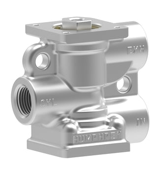 compact  air pilot valve with a threaded port on the left and two ports on the right