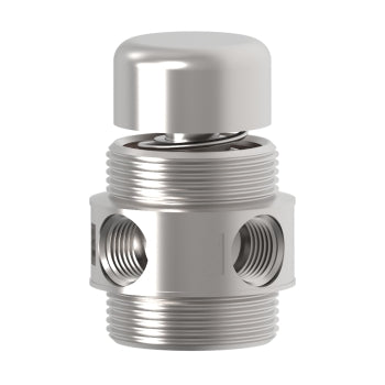 cylinder shaped valve with two ports on the bottom portion, a spring button at the top