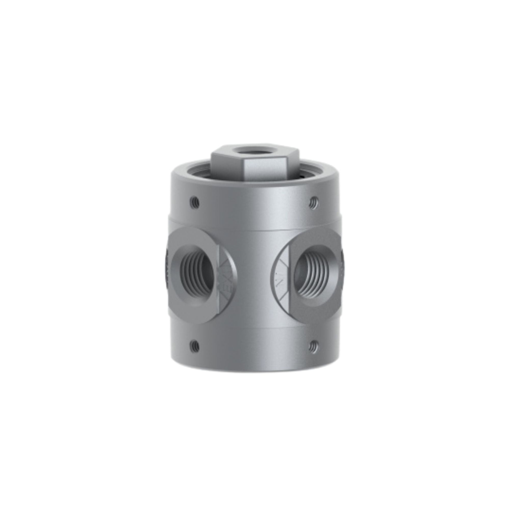 side view of a metal valve with a port on each side and a port on the top