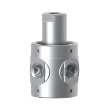 cylinder shaped valve with two ports on the bottom portion and a port at the top