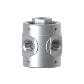side view of a cylinder shaped valve with two ports in the center of the valve