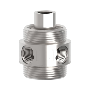 cylindrical valve with two ports in the center and another port on top
