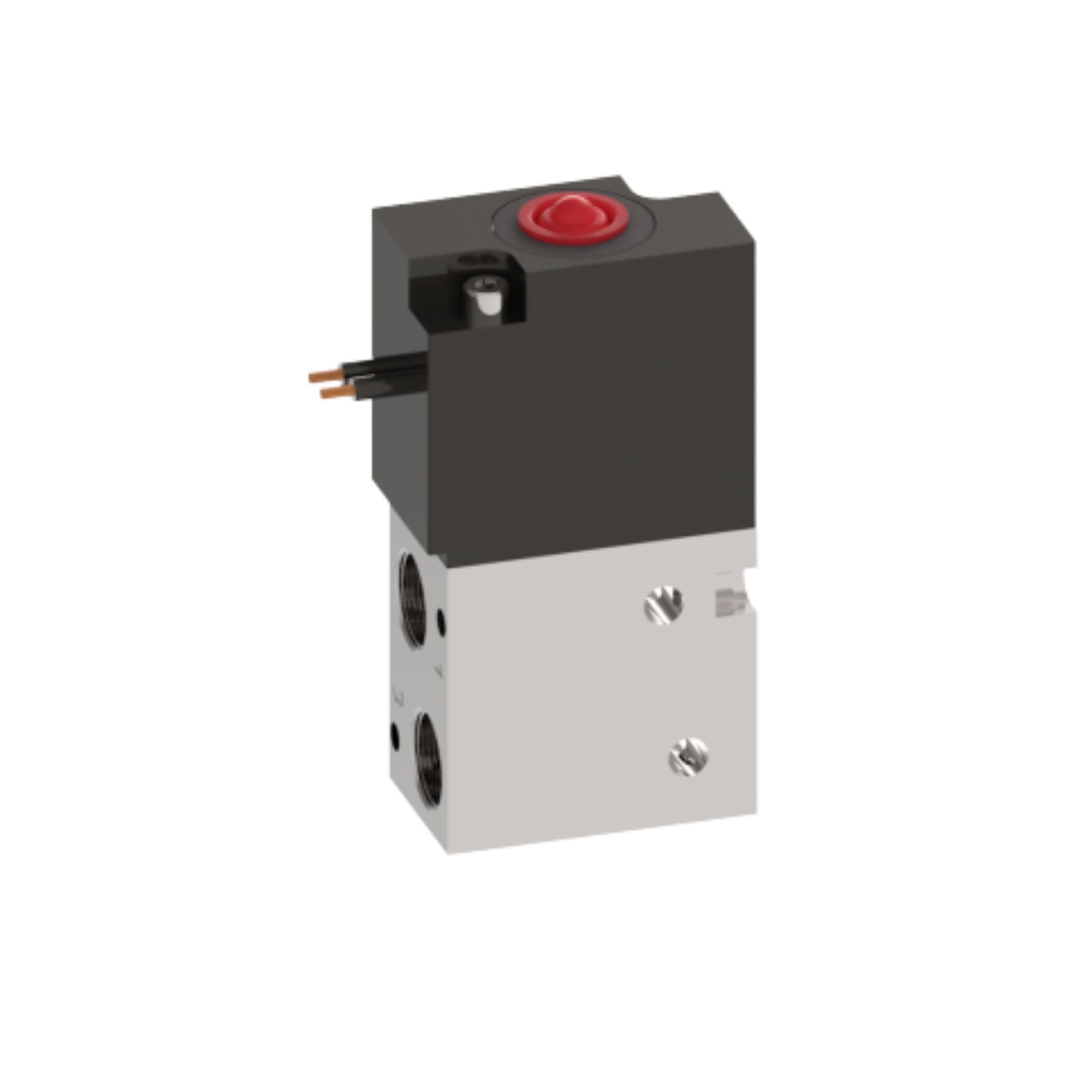 compact, upright, rectangular solenoid valve with two ports on the bottom left and an electrical lead on the top left