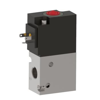 Compact, upright, rectangular solenoid valve.  Aluminum base on the bottom and a black material on the top half.  A port on the bottom left side, and an electrical plug on the top left side