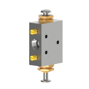 rectangular metal valve with a port in the center on the left, a screw and yellow collar at both the top and bottom of the valve