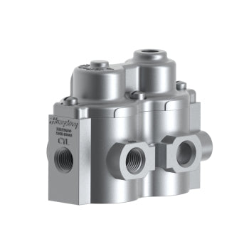 side view of a valve with two ports on the front side, a port on the left, and a port on top