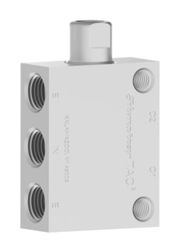 rectangular valve with three ports on the left side and a port on top