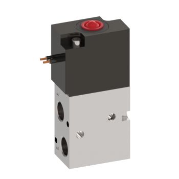 compact upright rectangular solenoid valve with an aluminum base with two ports on the left and a black material at the top with an electrical lead at the top left