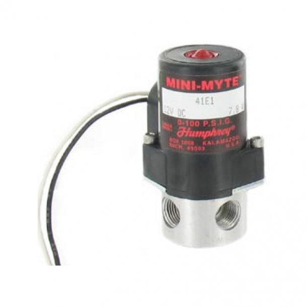 side view of a cylindrical shaped valve with two ports on the bottom aluminum piece, a black top half with red words and logo, and a black and a white wire coming out from the top left side