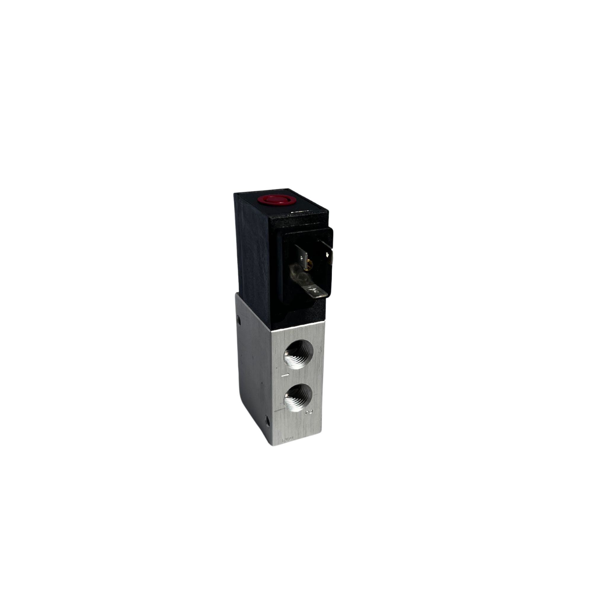 Metal base with 2 ports, black coil housing with din connector