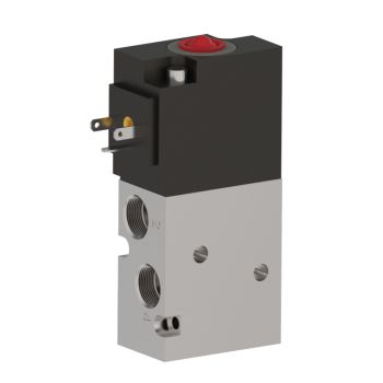 side view of compact upright rectangular valve, aluminum base with two ports on the left. top half is black material with an electrical plug on the left side.
