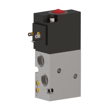 compact upright rectangular solenoid valve with multiple ports on the bottom and an electrical plug on the top left