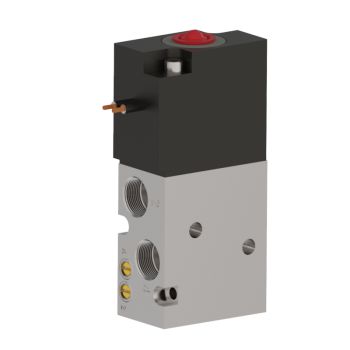 side view of compact upright rectangular valve, aluminum base with two ports on the left. top half is black material with an electrical lead wire entry plug on the left side. 