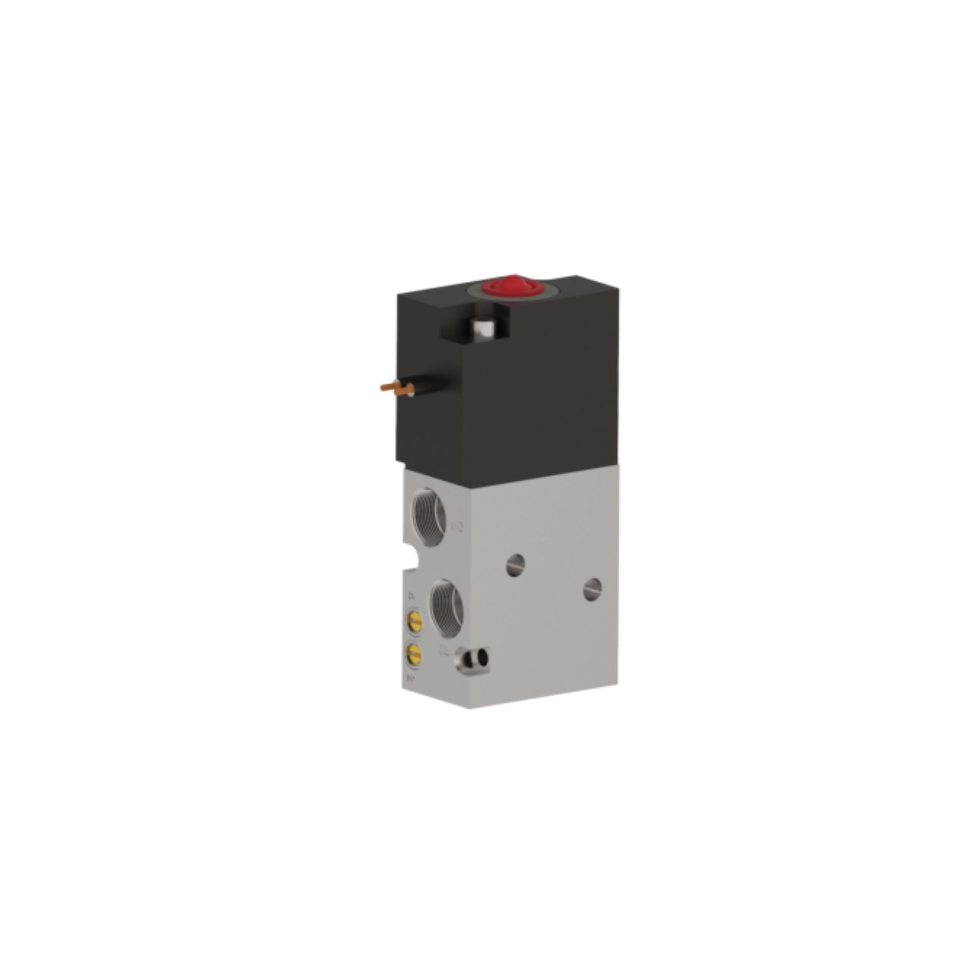 compact upright rectangular solenoid valve with two ports on the bottom left and an electrical lead on the top left