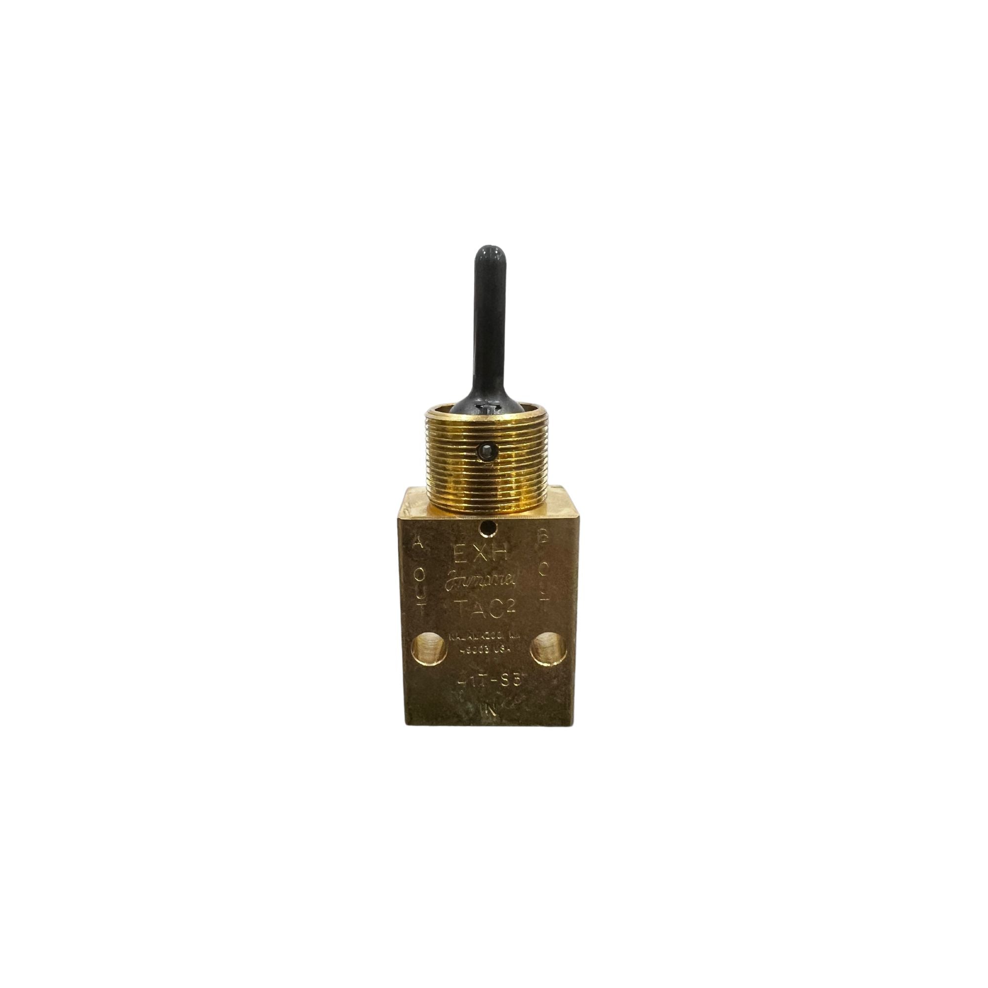Rectangular valve with threaded pipe on top that houses a black toggle switch