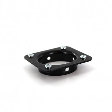 black metal square piece with a large circular hole in the center and a small screw in each of the four corners