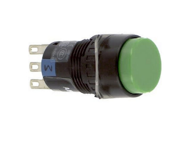 side view of pushbutton with black body, a green button on the right and three solder mounting tabs on the left