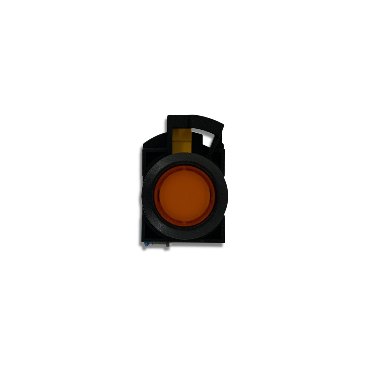 front view of a pushbutton unit with black housing and an amber colored button in the front