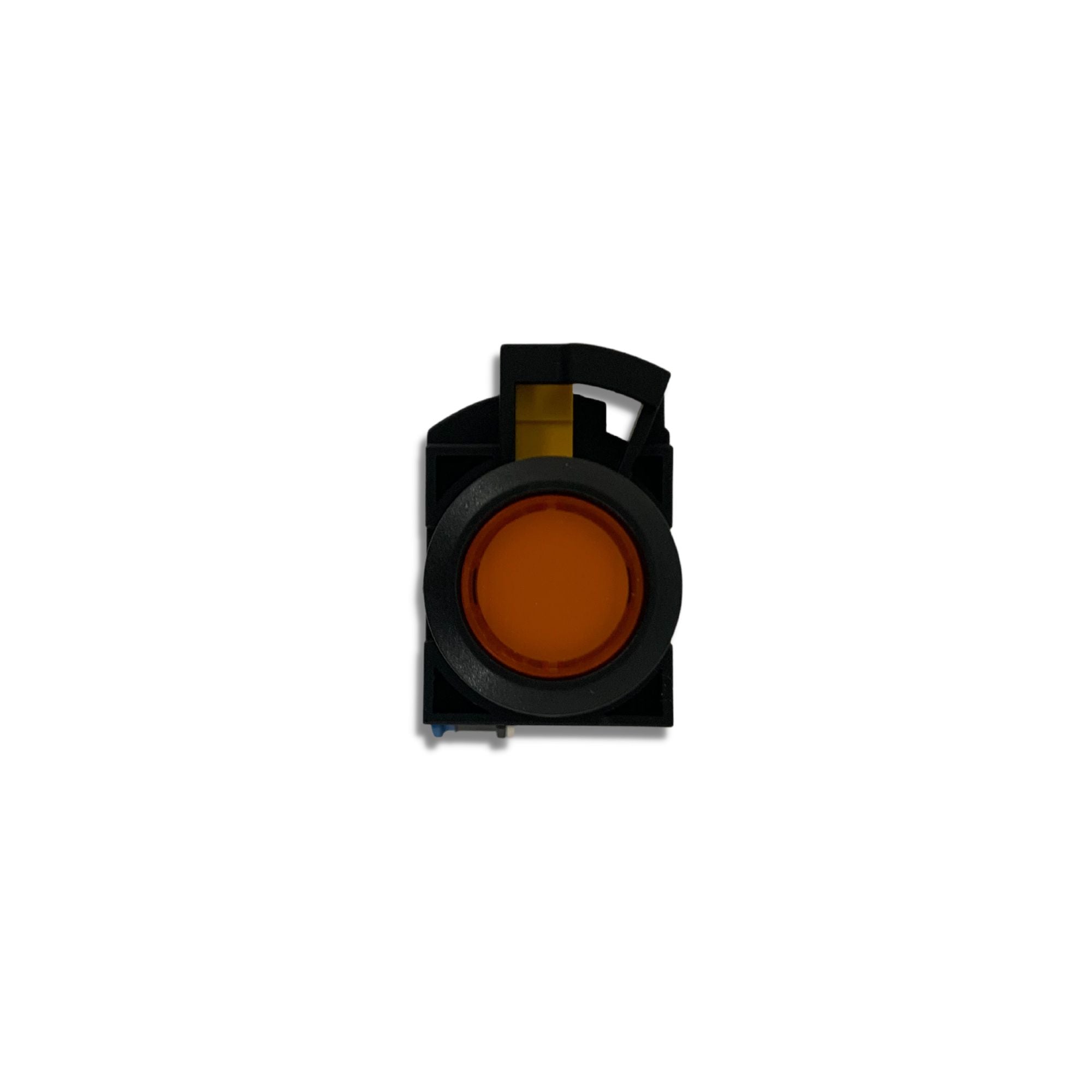 front view of a pushbutton unit with black housing and an amber colored button in the front