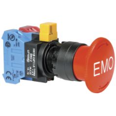 side view of a button terminal with blue and red blocks on the left, a yellow tab on the top, black housing, and a red EMO button on the right
