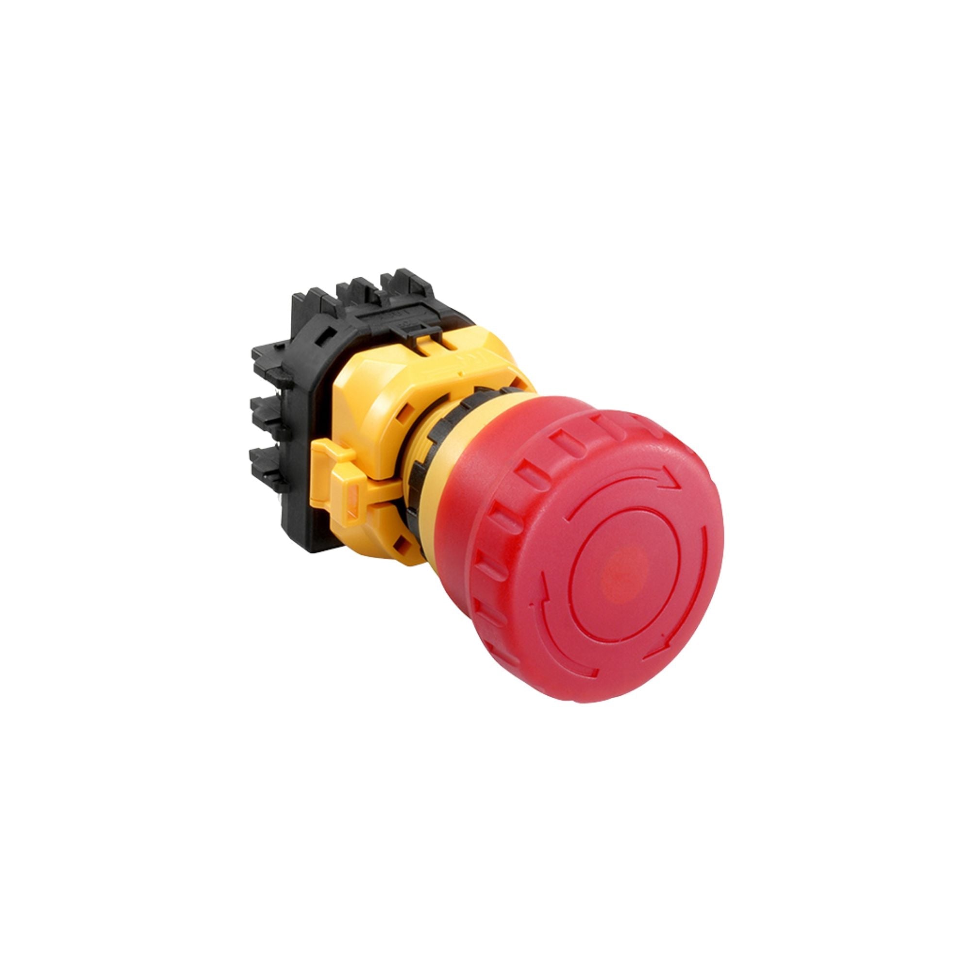 front side view of a light unit with a black contact, a yellow piece in the center, and a red light in the front